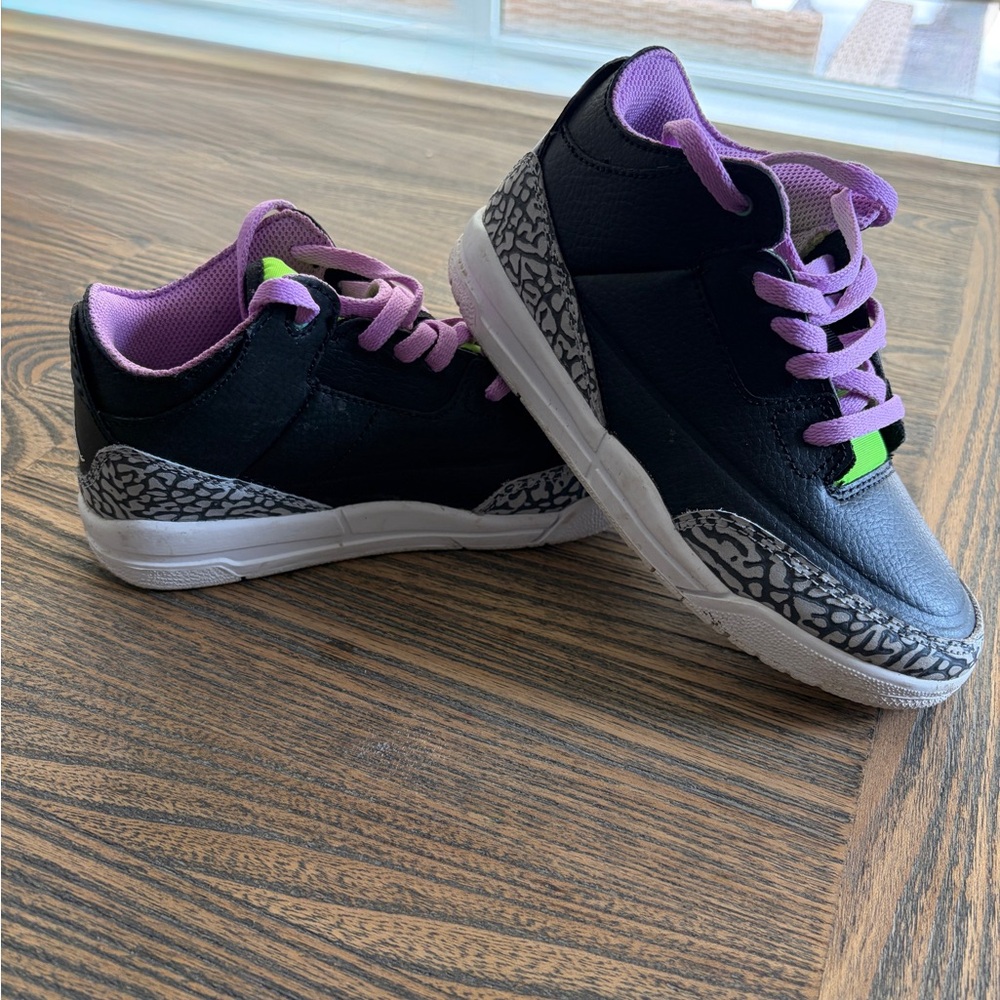 Kids Black Sneakers with Purple Accents and Neon Detail